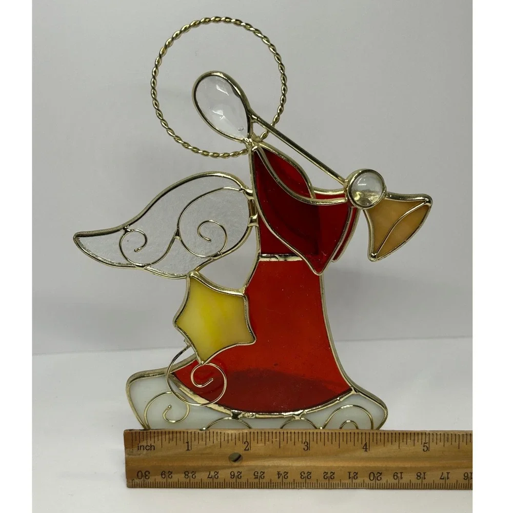Stained Glass Angel Votive Candle Holder Red Gold Christmas Decor 6.5 Inch